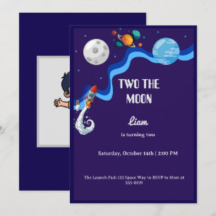 Two the Moon 2nd Birthday Invitation Space Rocket