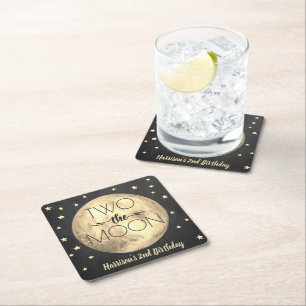 Two The Moon 2nd Birthday Party Square Paper Coaster