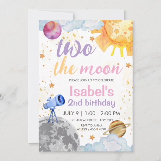 Two the Moon 2nd Birthday Space Theme Birthday Invitation (Front)