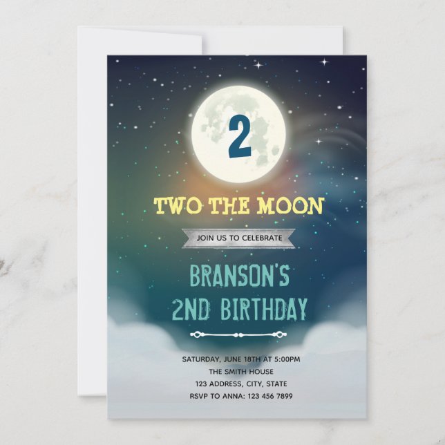 Two the moon birthday party invitation (Front)