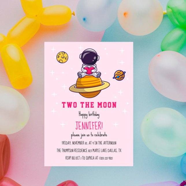 Two The Moon Birthday Party Two Years Modern Girls Invitation (Creator Uploaded)