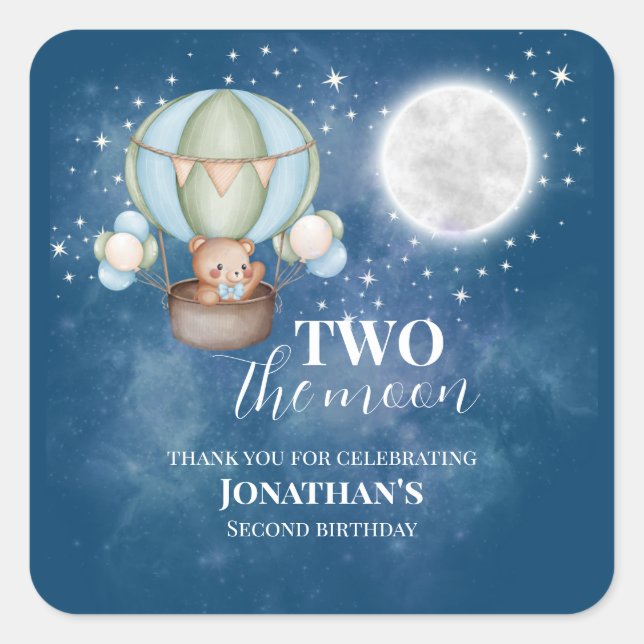 Two The Moon Boy Bear Balloon 2nd Birthday  Square Sticker (Front)