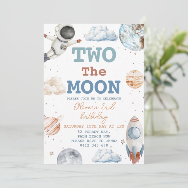 Two the Moon Boy Space 2nd Birthday Invitation (Standing Front)