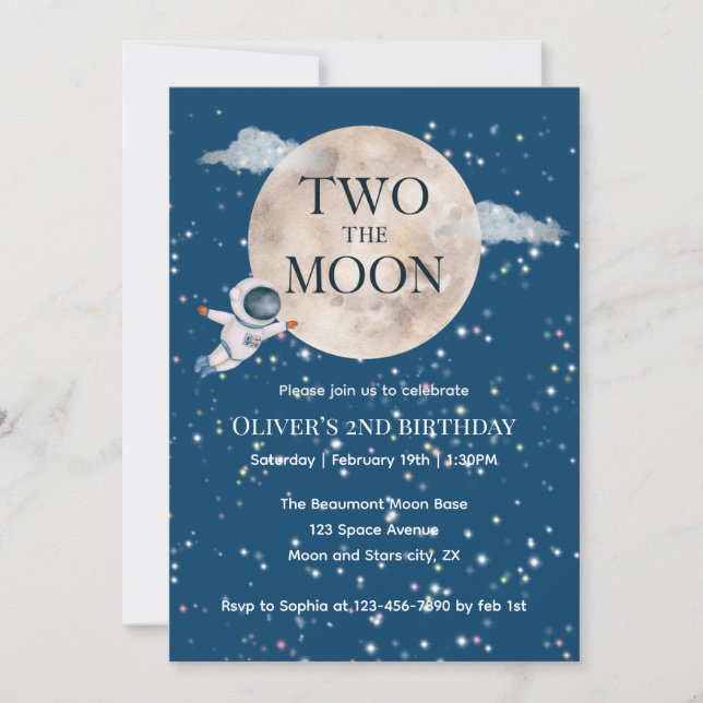 Two The Moon Boy Space Astronaut 2nd Bday Modern Invitation (Front)