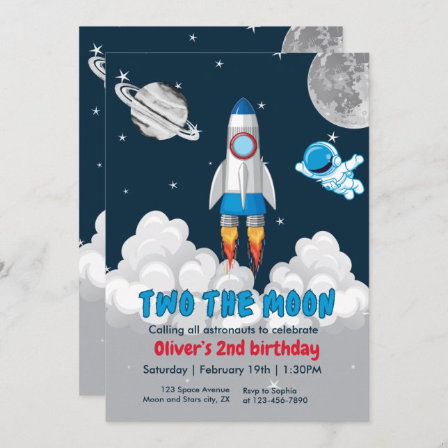 Two The Moon Boy Space Rocket 2nd Birthday  Invitation (Front/Back)