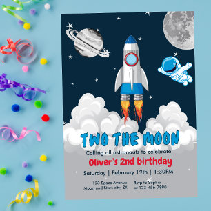 Two The Moon Boy Space Rocket 2nd Birthday Invitation