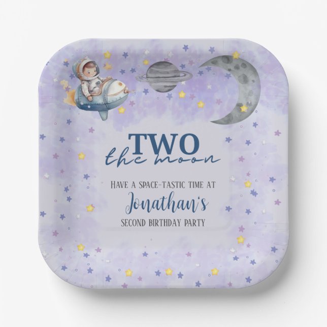 Two The Moon Boy Space Rocket 2nd Birthday  Paper Plate (Front)