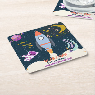 Two The Moon Boy Space Rocket 2nd Birthday Square Paper Coaster