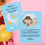 Two the Moon Cute Birthday photo thank you card<br><div class="desc">This adorable "Two the Moon" birthday photo thank-you card features a dreamy outer space theme with soft pastel clouds, sparkling stars, and a smiling moon. Perfect for sharing your gratitude with family and friends who helped make the celebration cosmic and memorable, this card adds a personalised and heartwarming touch with...</div>