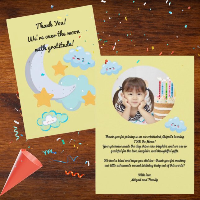 Two the Moon Cute Birthday photo thank you card (Creator Uploaded)