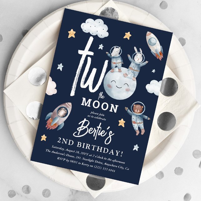 Two the Moon Cute Space Animals 2nd Birthday Invitation (Creator Uploaded)