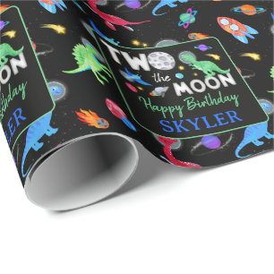 Two The Moon Dinosaur Astronaut 2nd Birthday Wrapping Paper