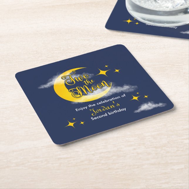Two The Moon Elegant Gender Neutral 2nd Birthday  Square Paper Coaster (Angled)