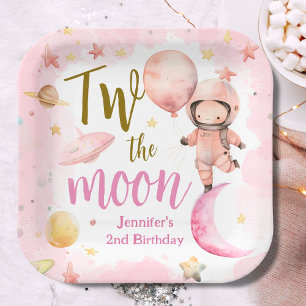 Two The Moon! Girl Astronaut Space 2nd Birthday Paper Plate