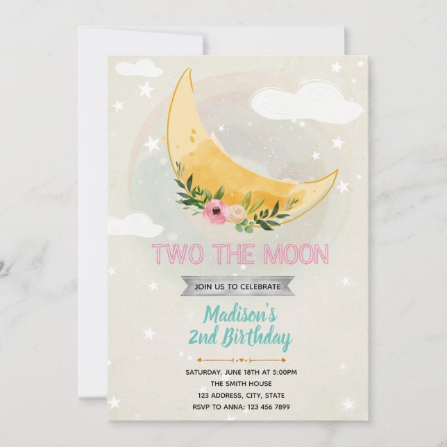 Two the moon girl shower theme invitation (Front)