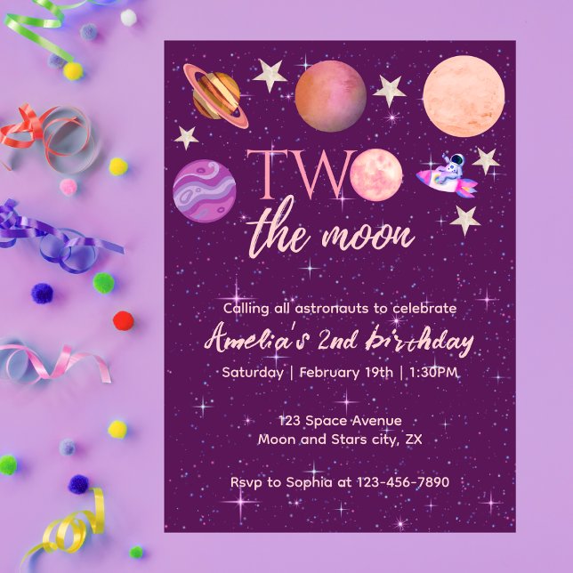 Two The Moon Girl Space Pink Planets 2nd Bday Invitation (Creator Uploaded)