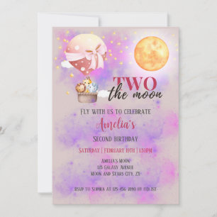 Two The Moon Girls Animals Balloon 2nd Birthday Invitation