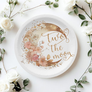 Two the moon gold floral girl 2nd birthday paper plate