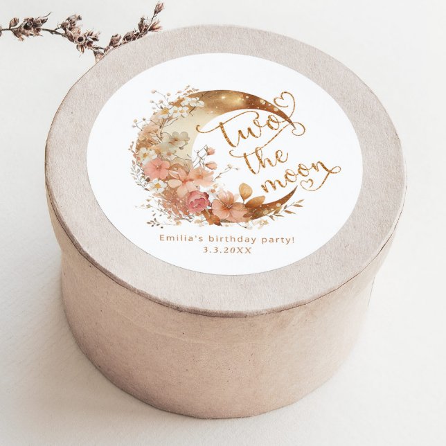 Two the moon gold pink girl 2nd birthday party classic round sticker (Creator Uploaded)