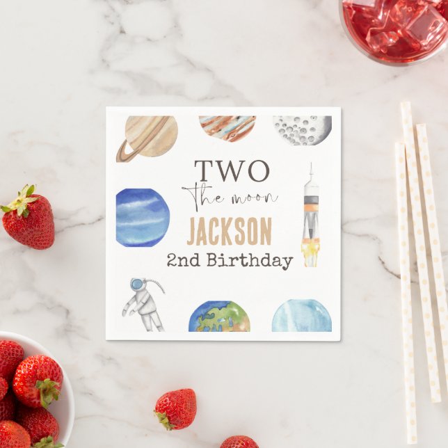 Two The Moon | Modern Space 2nd Birthday Décor Napkin (Insitu)