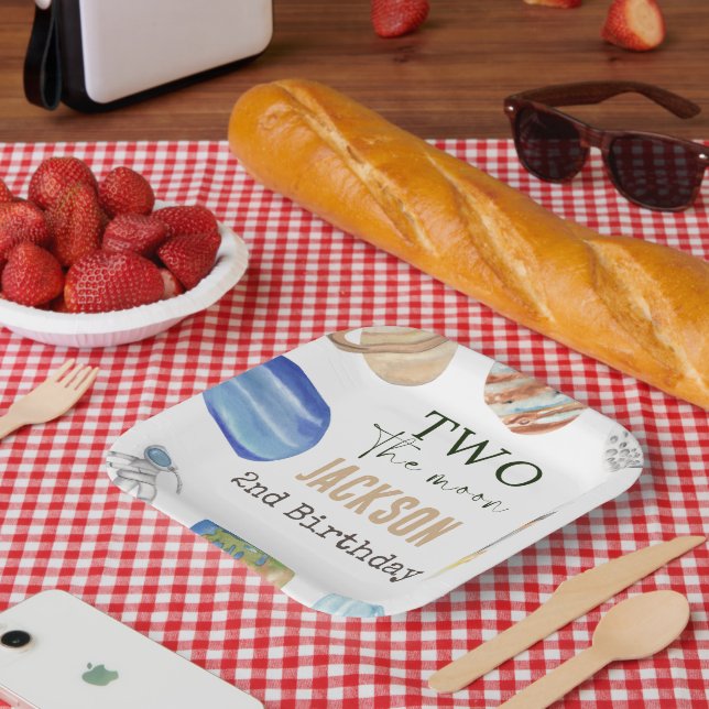Two The Moon | Modern Space 2nd Birthday Décor Paper Plate (Picnic)