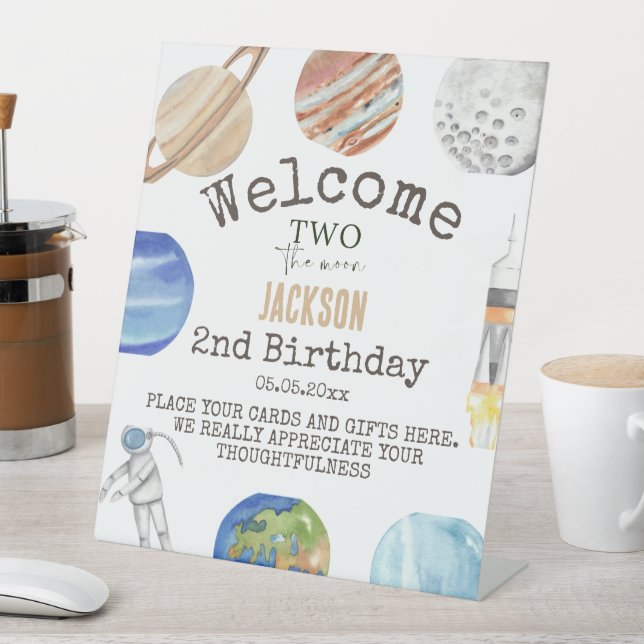 Two The Moon | Modern Space 2nd Birthday Décor Pedestal Sign (In SItu)