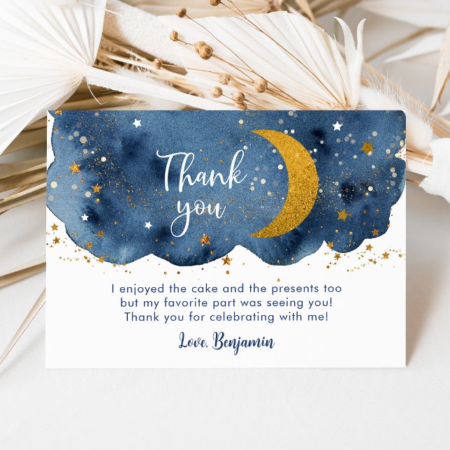 Two the Moon Navy Gold Galaxy Birthday Thank You Card (Creator Uploaded)