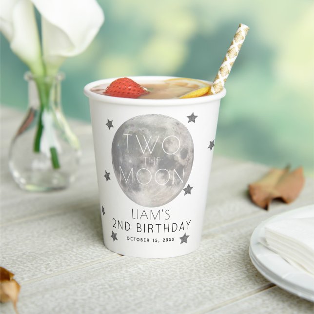 Two the Moon Navy Silver Boy 2nd Birthday Paper Cups (Insitu)