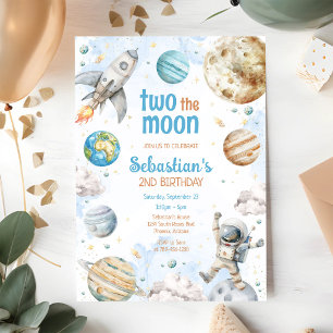 Two The Moon Outer Space Astronaut 2nd Birthday Invitation