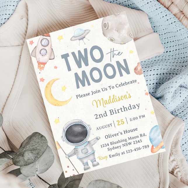 Two The Moon Outer Space Blue 2nd Birthday Party Invitation (Creator Uploaded)