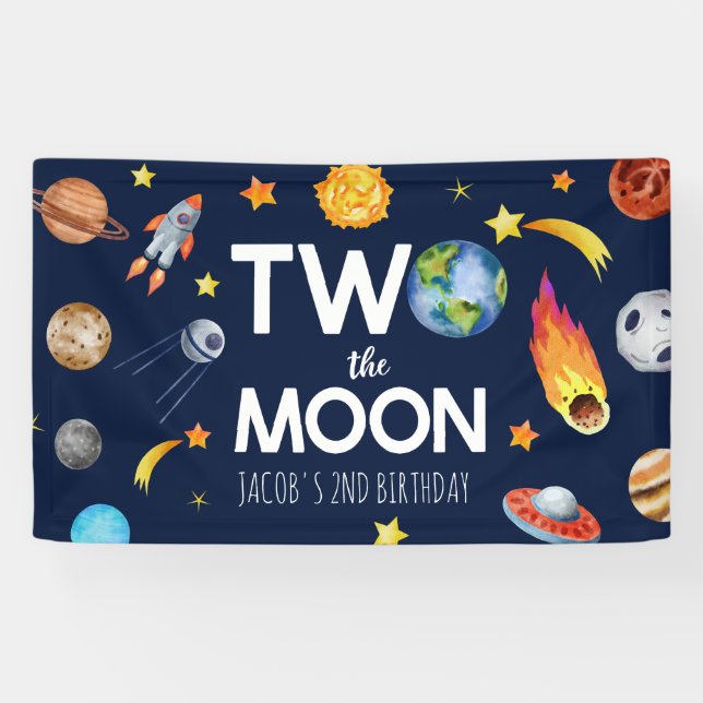 Two The Moon Outer Space Planet Birthday Party Banner (Horizontal)