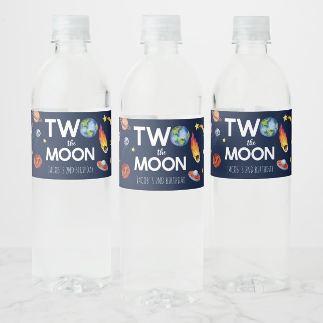 Two The Moon Outer Space Planet Birthday Party Water Bottle Label (Bottles)