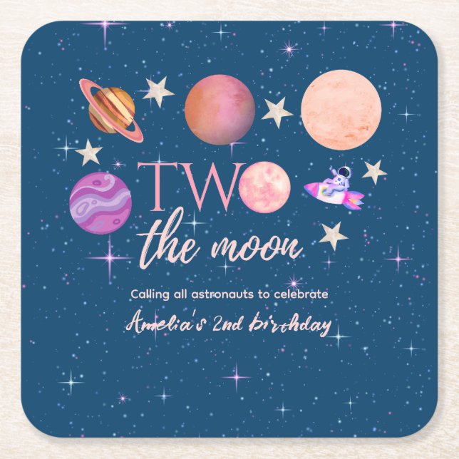 Two The Moon  Outer Space Ship Planets 2nd Bday Square Paper Coaster (Front)