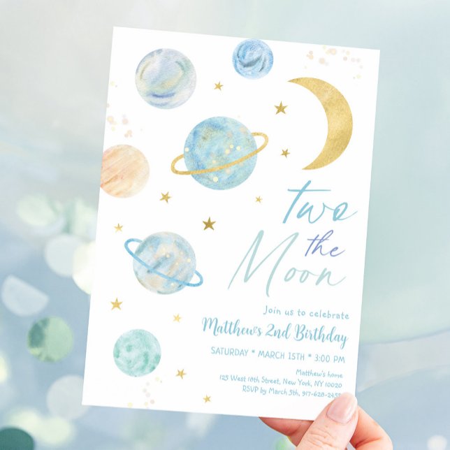 Two The Moon Pastel Blue Gold Birthday Invitation (Creator Uploaded)