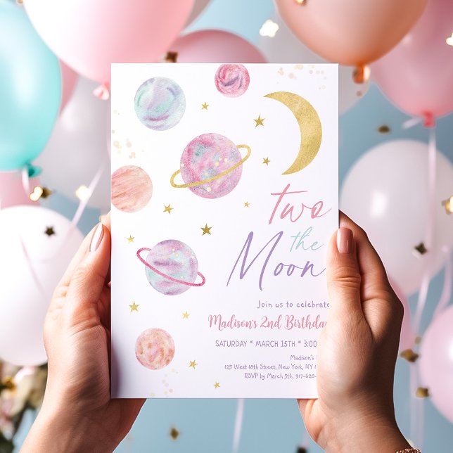 Two The Moon Pastel Pink Gold Birthday Invitation (Creator Uploaded)