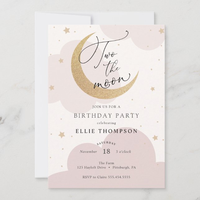 Two the Moon Pink Birthday Invitation (Front)