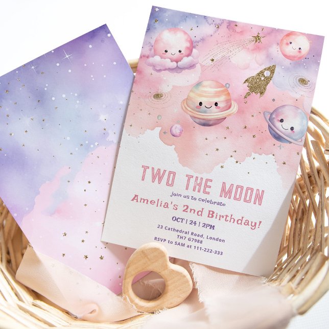 Two the Moon Pink girl Planets and stars birthday Invitation (Creator Uploaded)