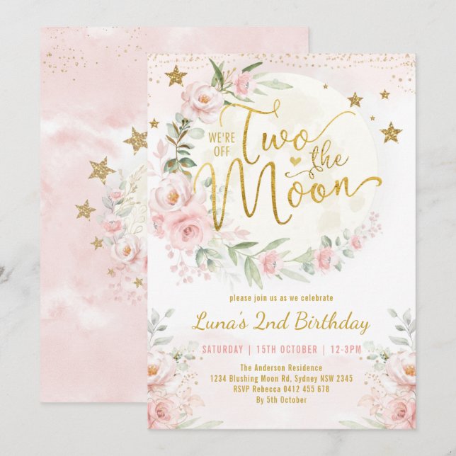 Two the Moon Pink Gold Floral 2nd Birthday Girl Invitation (Front/Back)