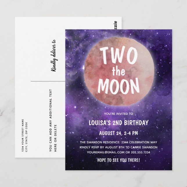 Two the Moon Purple Pink Girl 2nd Birthday Party Postcard (Front/Back)