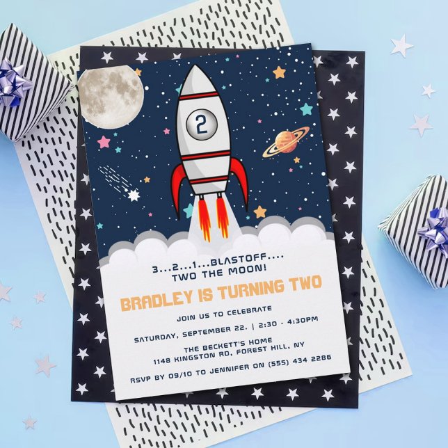 Two the Moon Rocket Ship 2nd Birthday Invitation (Creator Uploaded)