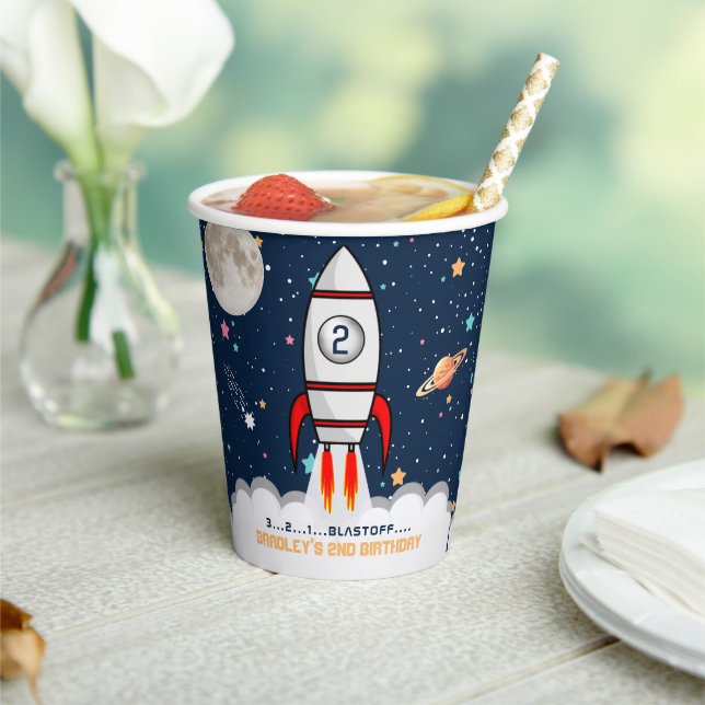 Two the Moon Rocket Ship 2nd Birthday Paper Cups (Insitu)