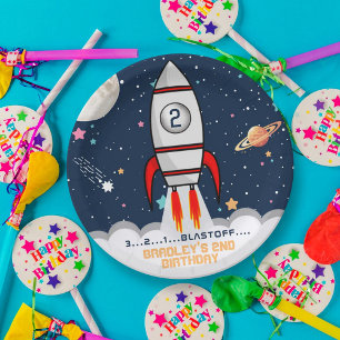 Two the Moon Rocket Ship 2nd Birthday Paper Plate
