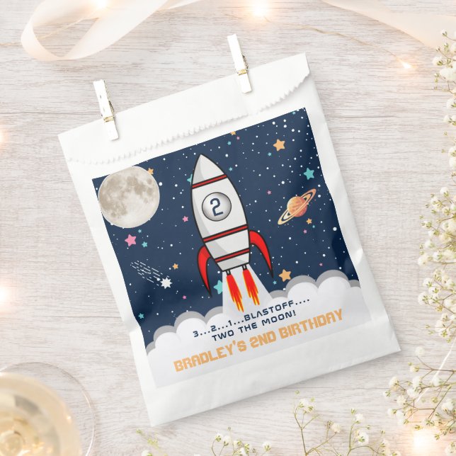 Two the Moon Rocket Ship 2nd Birthday Party Favour Bags (Clipped)