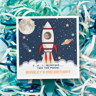 Two the Moon Rocket Ship 2nd Birthday Photo Napkin