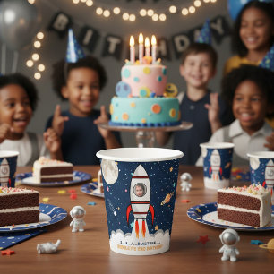 Two the Moon Rocket Ship 2nd Birthday Photo Paper Cups