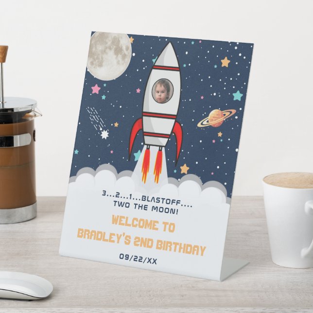 Two the Moon Rocket Ship 2nd Birthday Photo Pedestal Sign (In SItu)