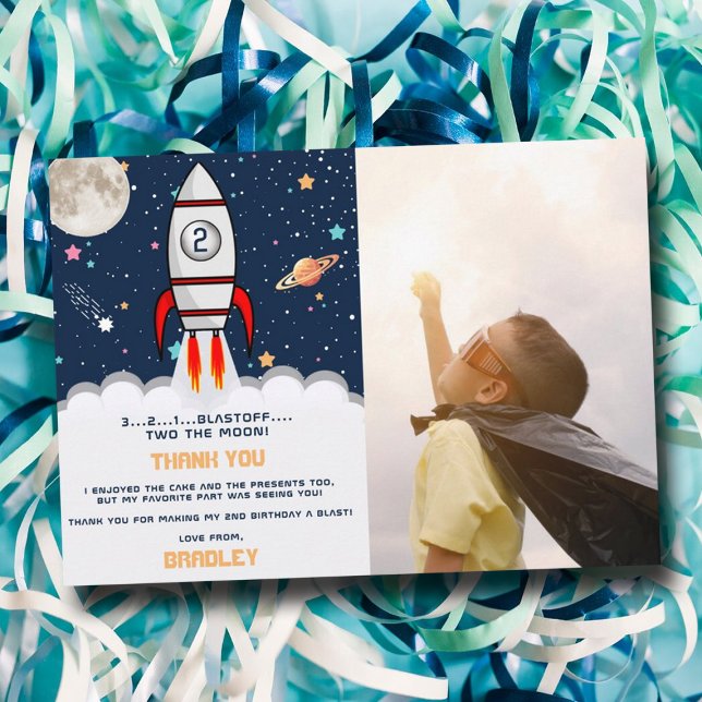 Two the Moon Rocket Ship 2nd Birthday Photo Thank You Card (Creator Uploaded)