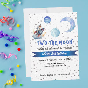 Two The Moon Rocket Space Blue Boy 2nd Birthday Invitation