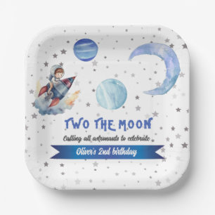 Two The Moon Rocket Space Blue Boy 2nd Birthday  Paper Plate