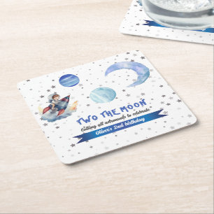 Two The Moon Rocket Space Blue Boy 2nd Birthday Square Paper Coaster